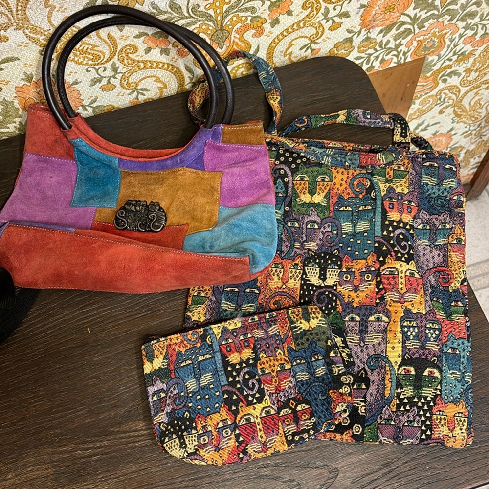 Laurel Burch Suede Handbag, Tapestry Tote and Zip Pouch